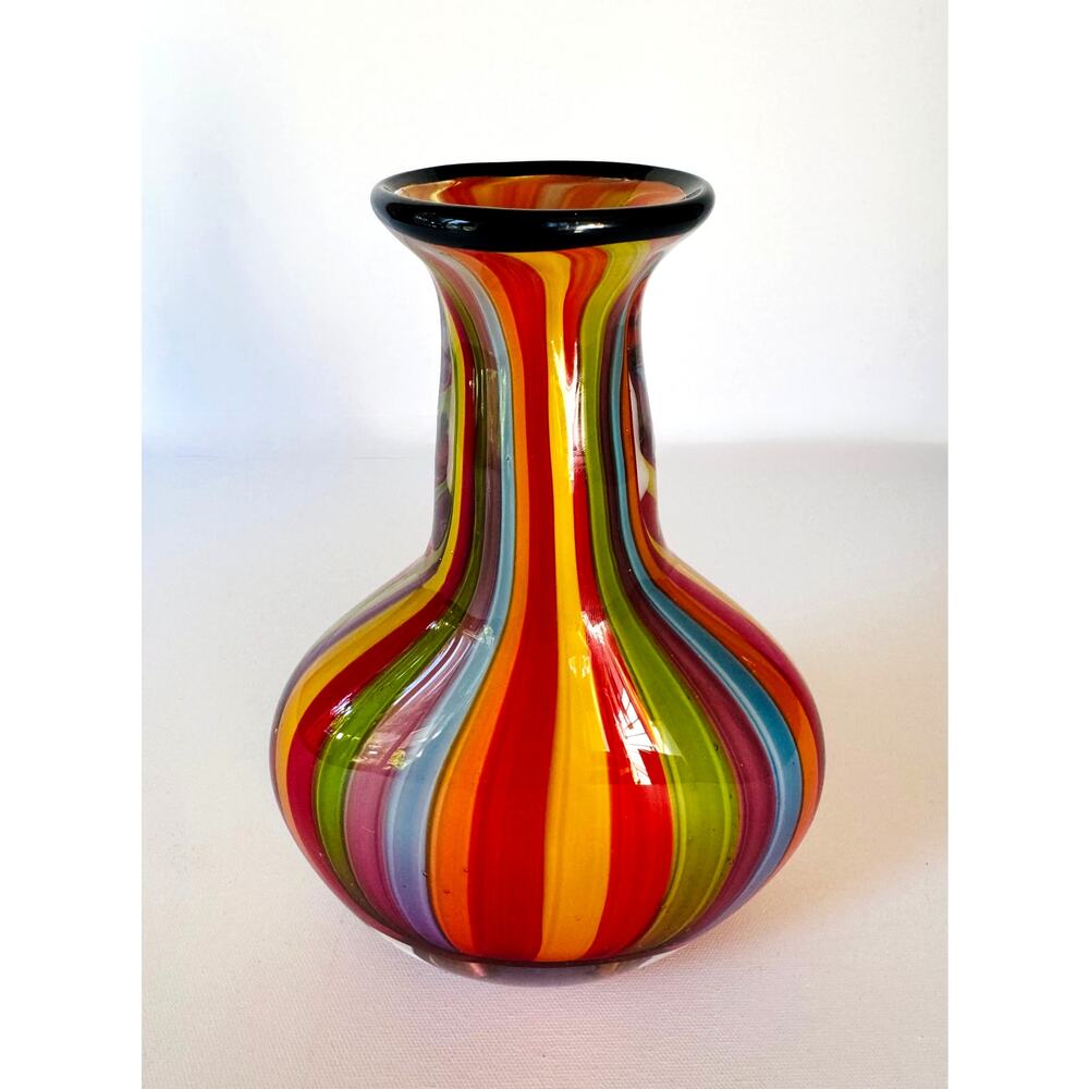 Badash Hand Blown Art Glass Rainbow Stripe Vase Black Rim 9" Colorful